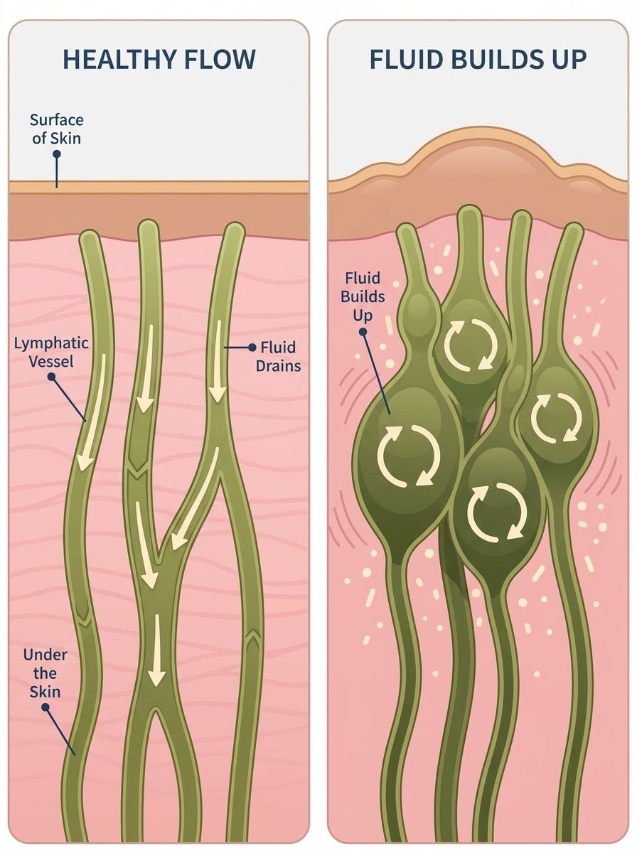 Cross-section of skin comparing healthy flow, where lymphatic vessels drain fluid away, against fluid building up in swollen, congested vessels under the skin.