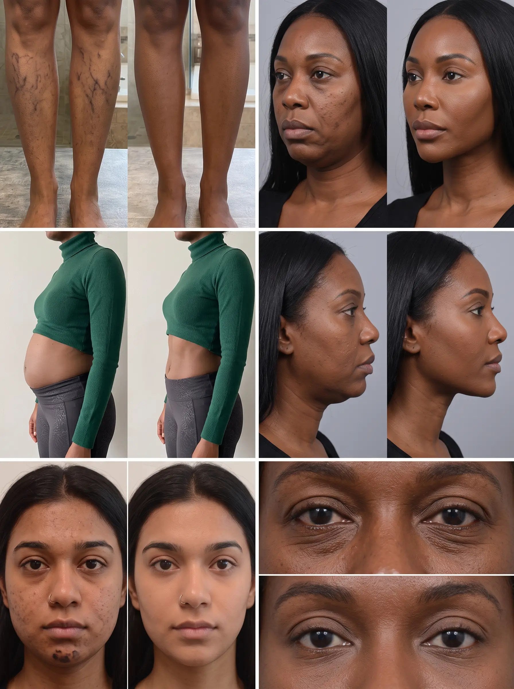 Before and after results: reduced leg vein visibility, flatter stomach, clearer skin, defined jawline and reduced under-eye puffiness