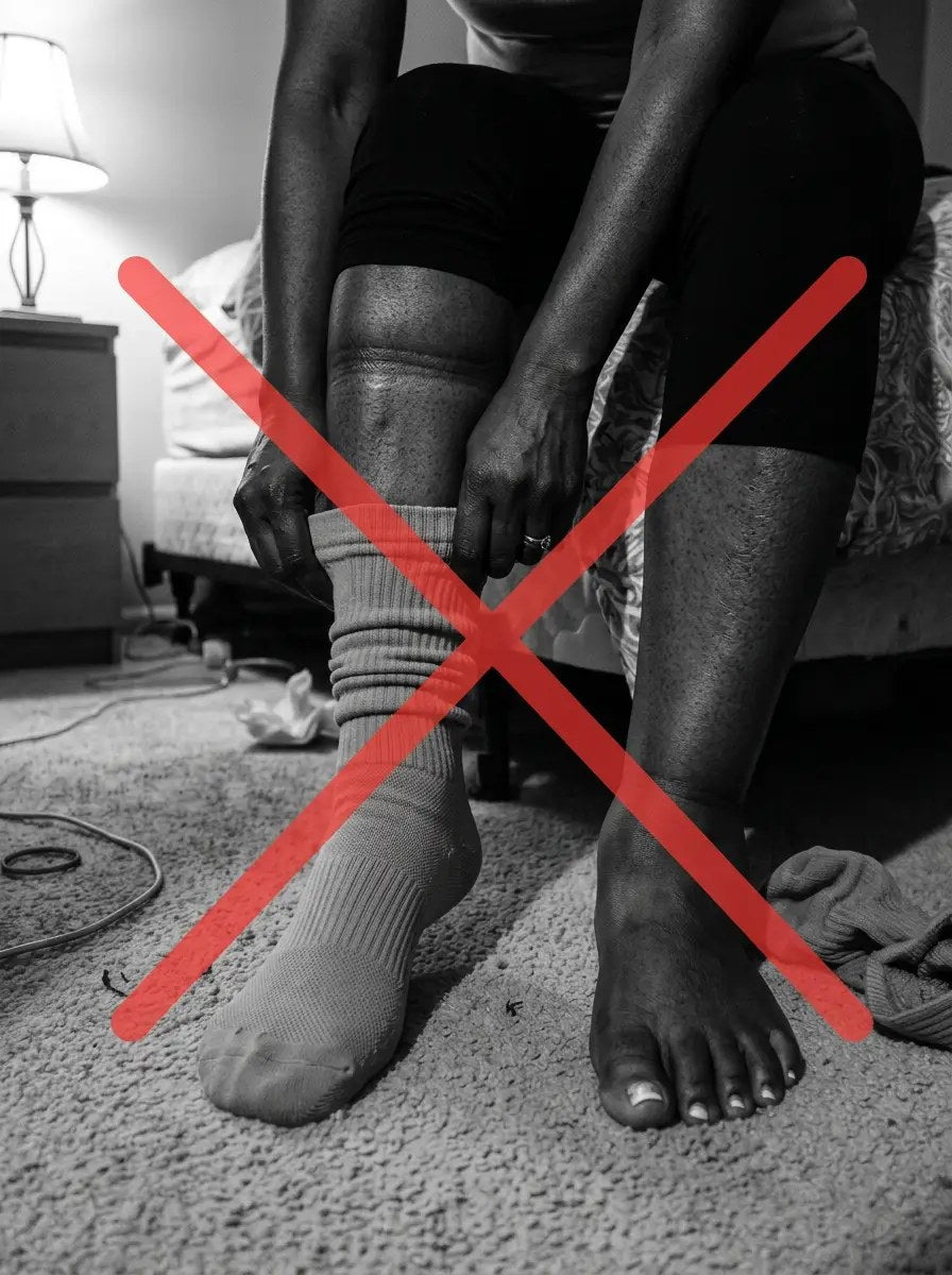 Woman pulling on compression socks, crossed out in red — compression only moves fluid temporarily