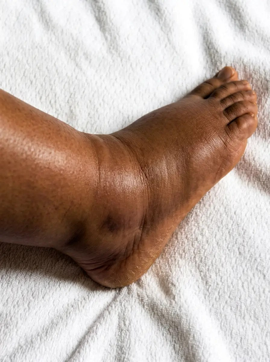 A swollen ankle resting on a white towel