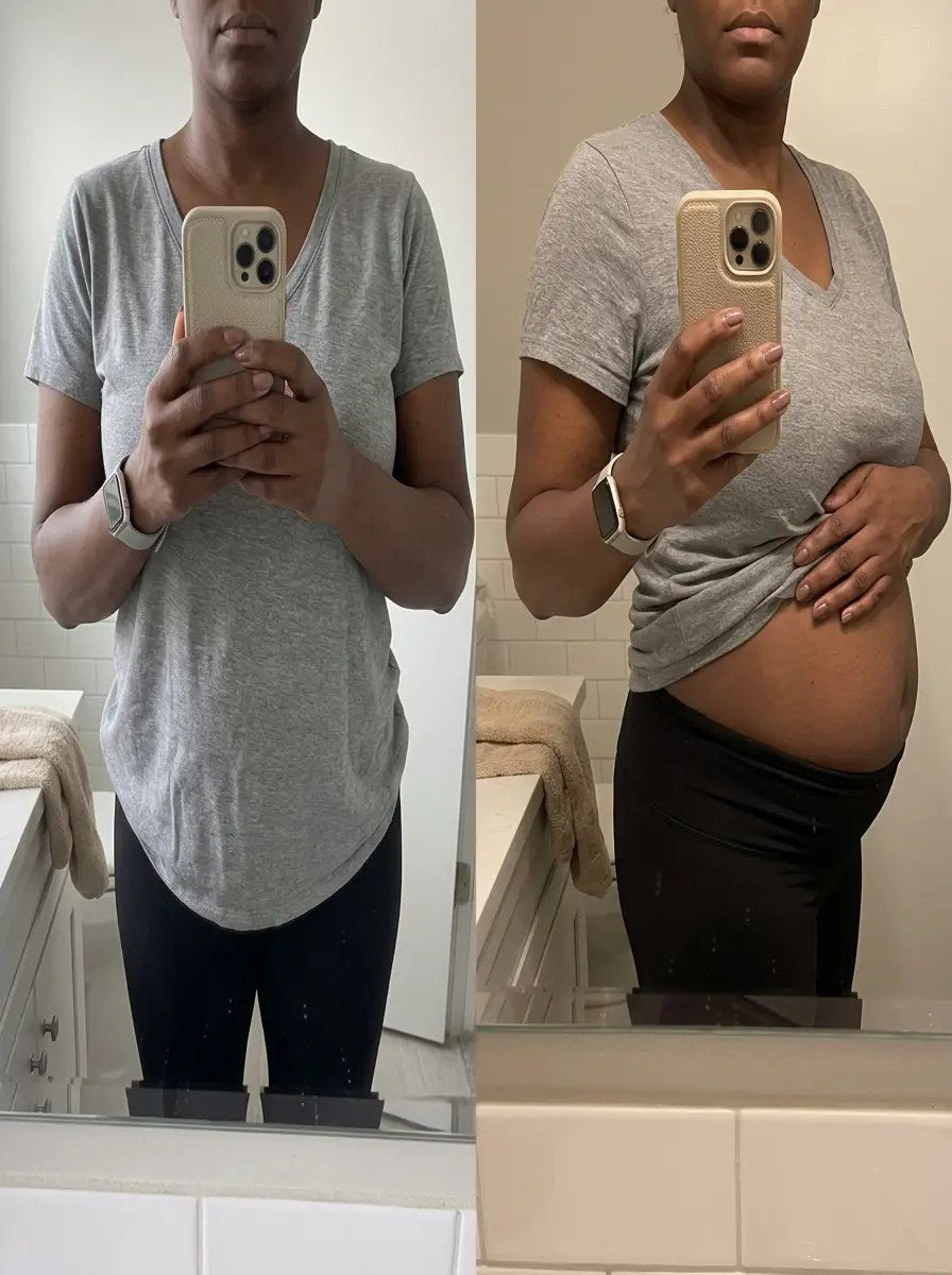 Side-by-side mirror selfies: a flat stomach in the morning and a visibly bloated stomach by evening
