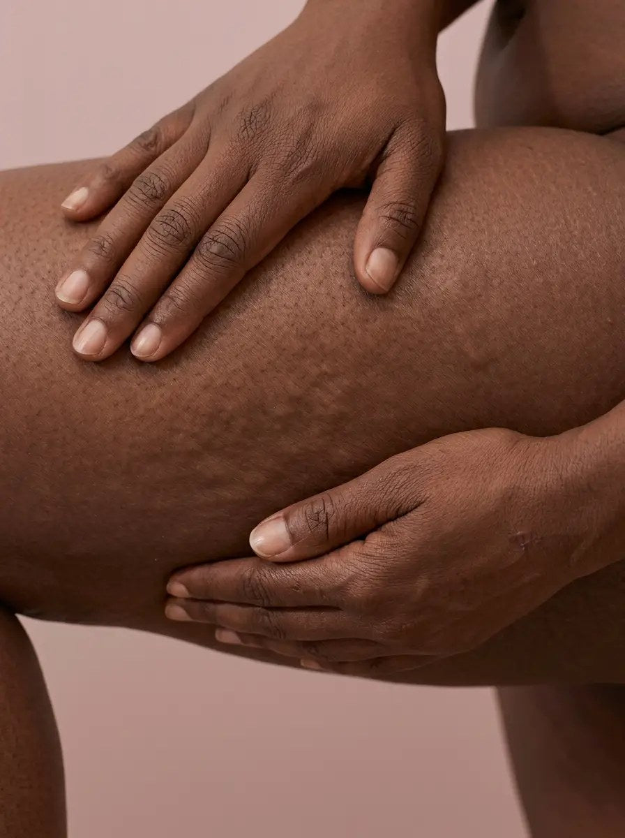 Hands pressing the skin of a thigh, showing dimpled cellulite texture