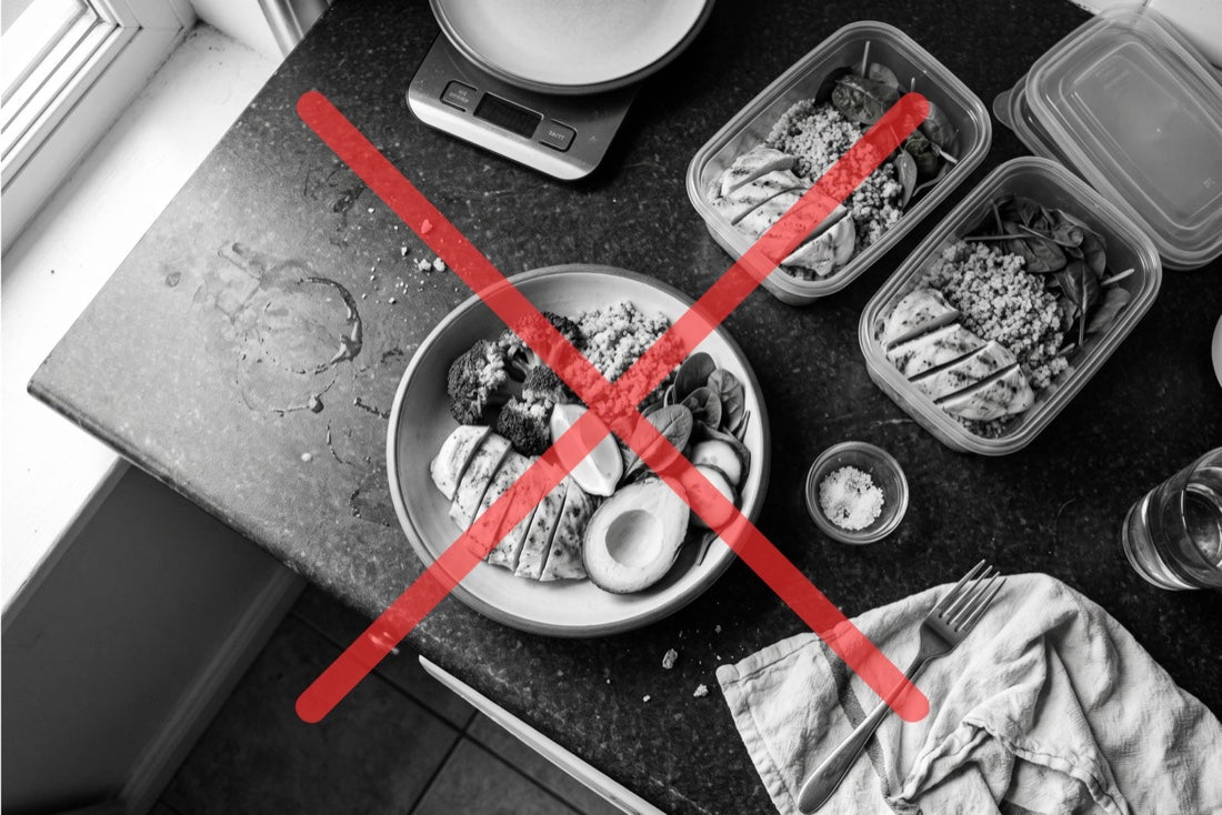Meal-prepped healthy food crossed out in red — clean eating did not fix lymphatic drainage