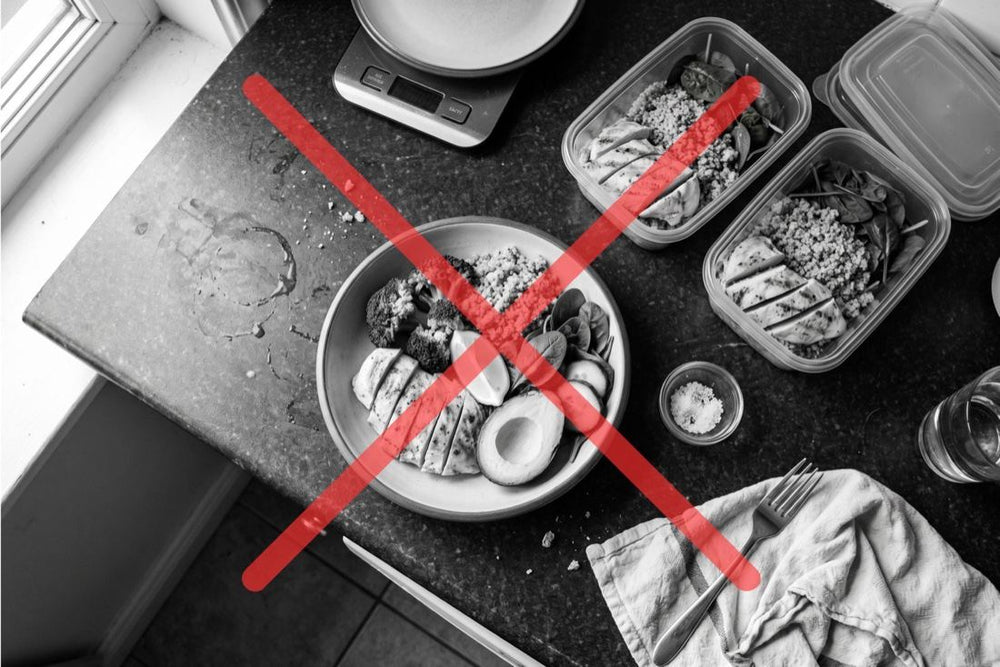 Meal-prepped healthy food crossed out in red — clean eating did not fix lymphatic drainage