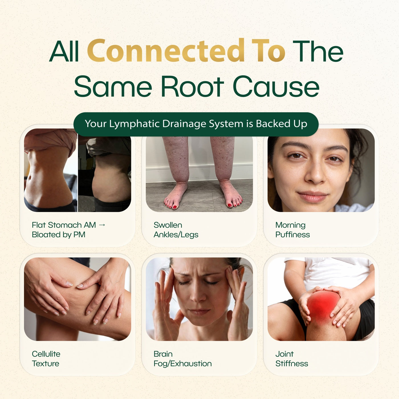 All Connected To The Same Root Cause — your lymphatic drainage system is backed up: bloating, swollen ankles, morning puffiness, cellulite, brain fog, joint stiffness.