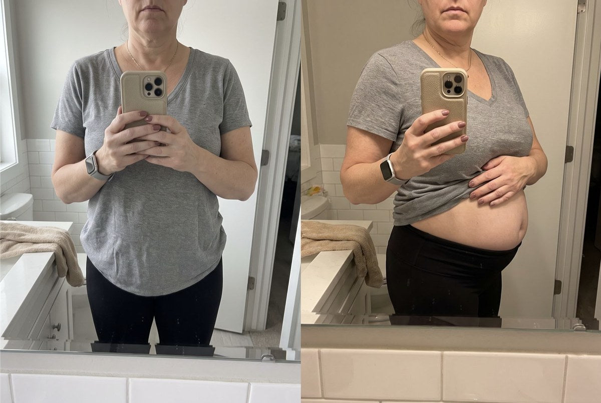 Side-by-side mirror selfies: a flat stomach in the morning and a visibly bloated stomach by evening
